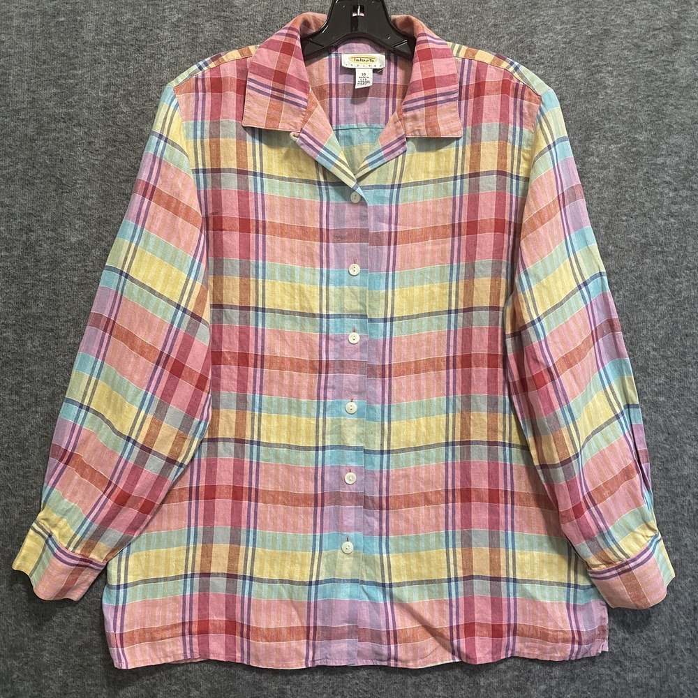 Vintage Talbots Shirt Womens 10P Linen Plaid Pastel Button Up Coastal USA 90s